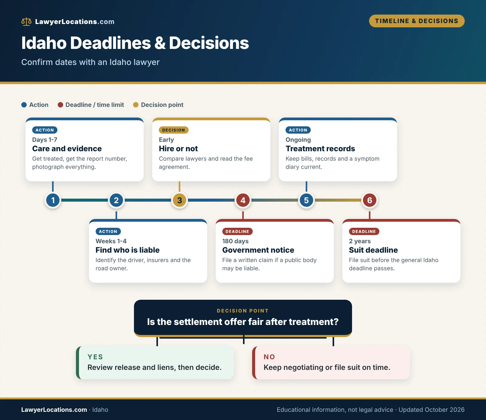 How to Find a Bicycle Accident Lawyer in Idaho: Costs, Questions & Next Steps 4 Timeline of Idaho bicycle claim deadlines and decisions, including the 180-day government notice and the two-year suit period.