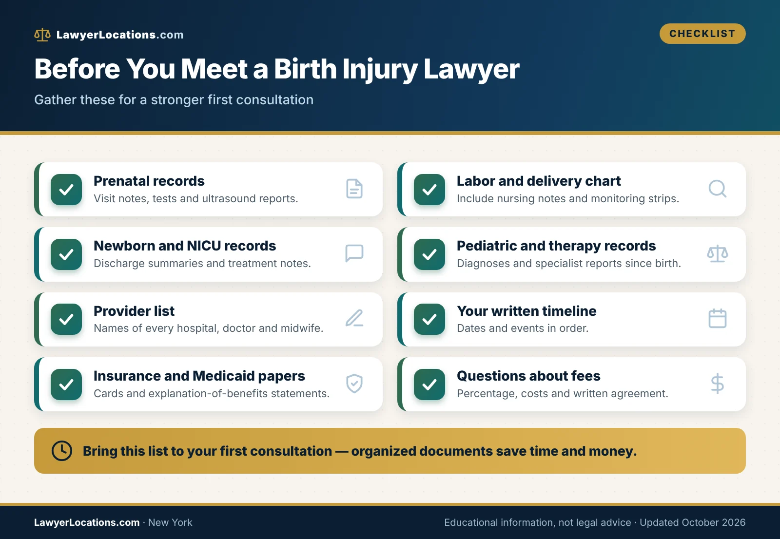 Checklist of records and documents to gather before meeting a New York birth injury lawyer