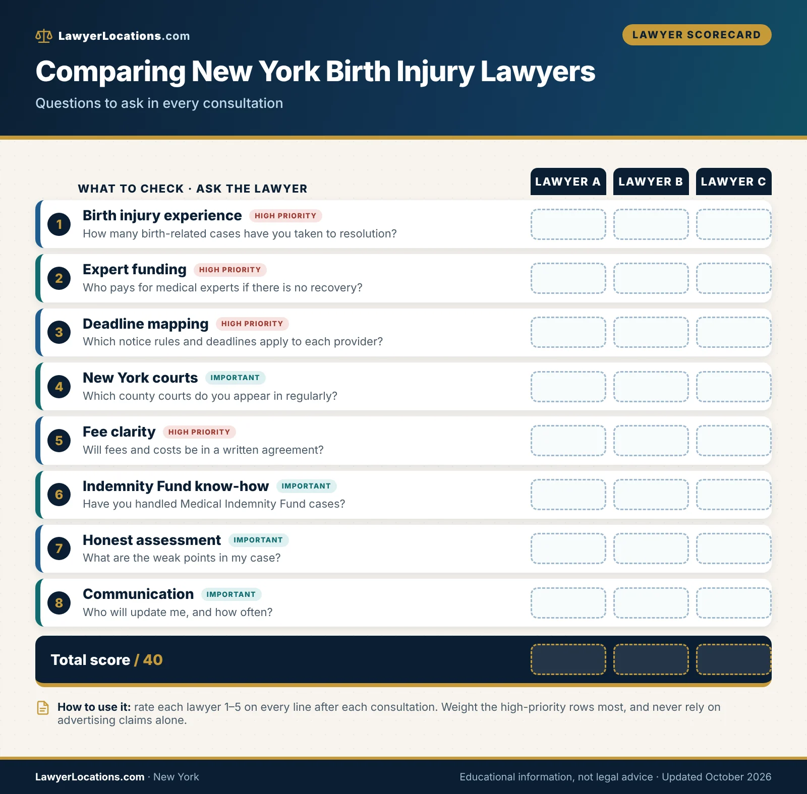 Scorecard of criteria for comparing birth injury lawyers in New York, including experience, expert funding and fee clarity