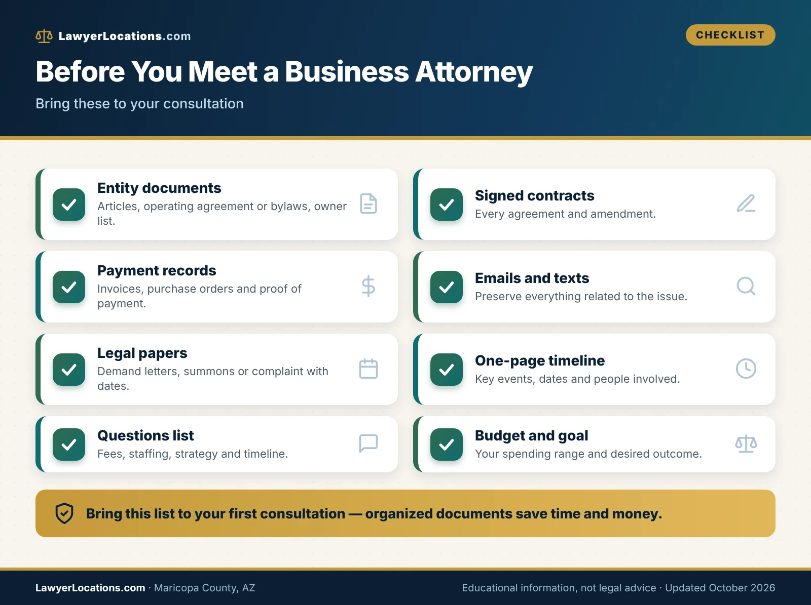 Business Attorneys in Maricopa County, AZ: Local Courts, Costs & How to Compare 4 Checklist of documents to gather before meeting a business attorney in Maricopa County, Arizona.
