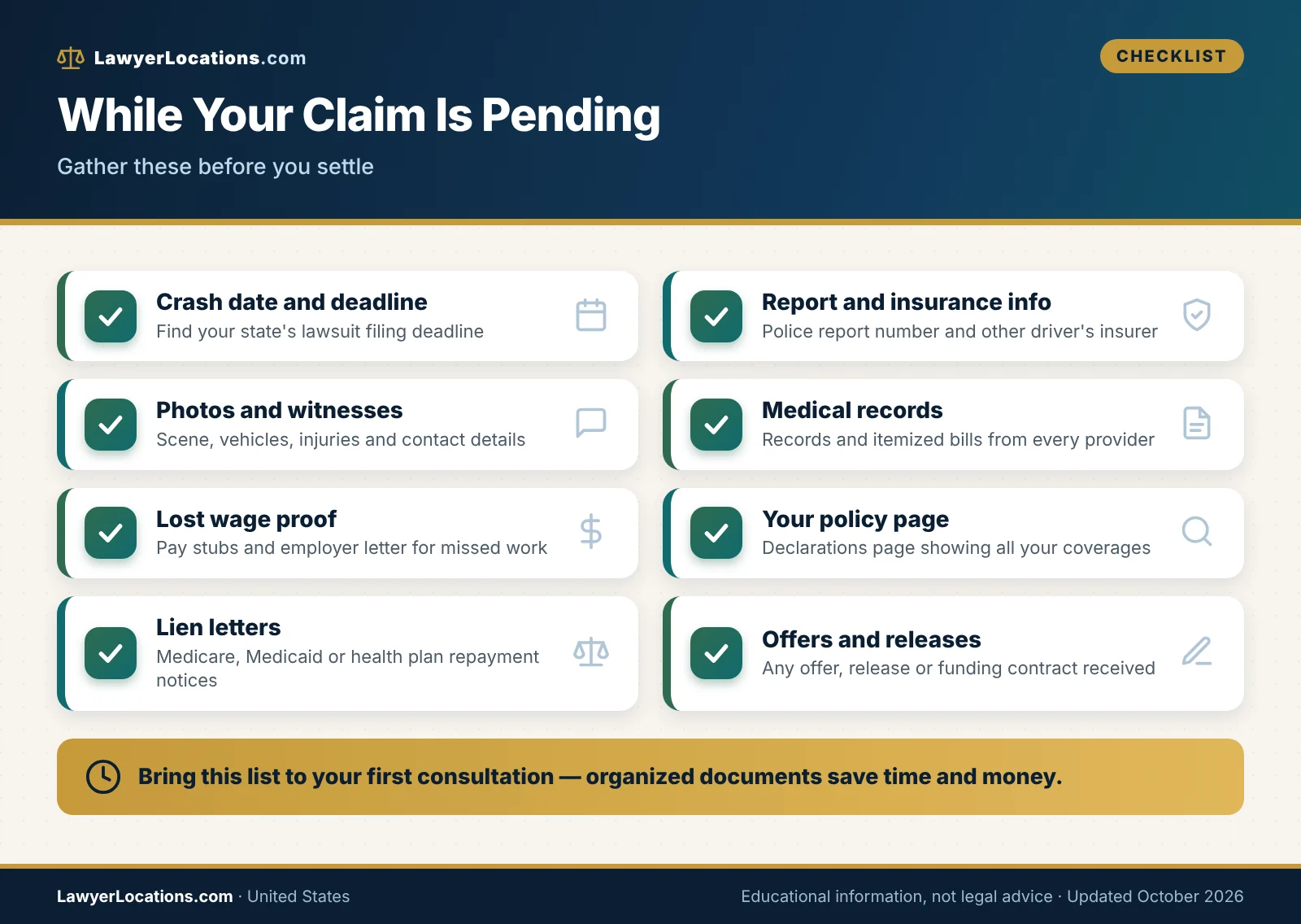 Checklist of records and documents to gather while a car accident settlement is pending, including bills, policies and lien letters.