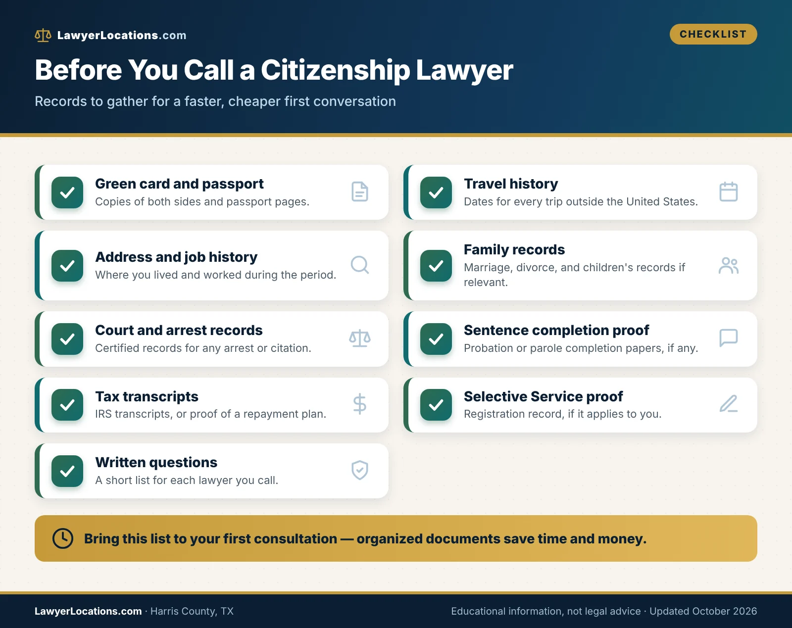 Citizenship Lawyers in Harris County, TX: Local Courts, Costs & How to Compare 3 Checklist of records to gather before talking to a citizenship lawyer in Harris County, including travel history, court records and tax transcripts.