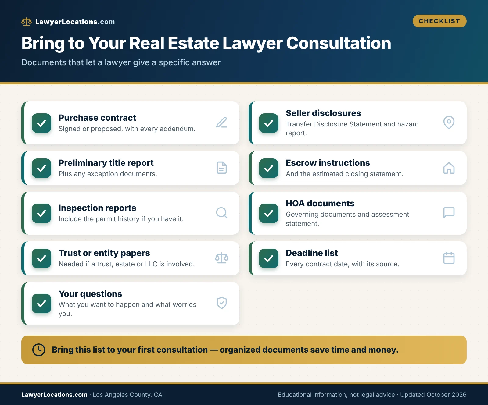 Checklist of documents to bring to a Los Angeles County real estate lawyer, including the purchase contract, disclosures, preliminary title report and escrow instructions.