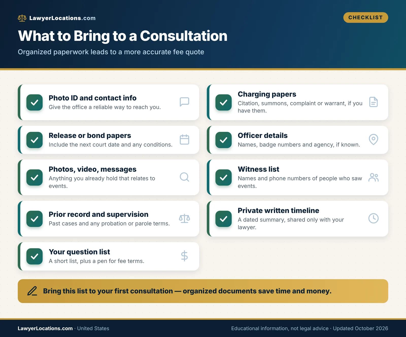 Criminal Defense Lawyer Free Consultation: What to Ask Before Hiring 2 Checklist of items to bring to a criminal defense lawyer consultation, including ID, charging papers, bond paperwork, witness names and a private timeline.