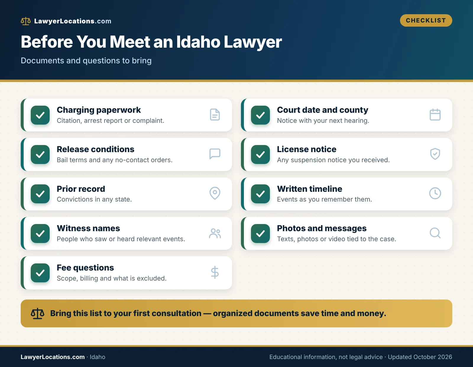 Idaho Criminal Defense Lawyer Guide: What to Know Before You Hire 3 Checklist of documents and questions to bring to a first meeting with an Idaho criminal defense lawyer