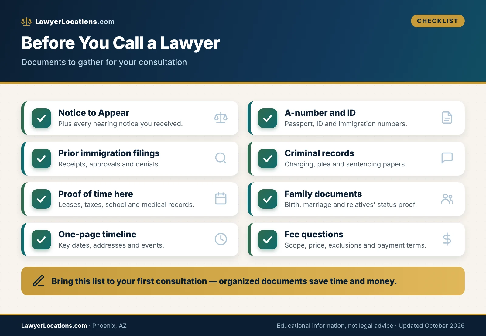 Deportation Defense Lawyers in Phoenix, AZ: Costs, Questions & How to Compare 3 Checklist of documents to gather before consulting a deportation defense lawyer in Phoenix, AZ.
