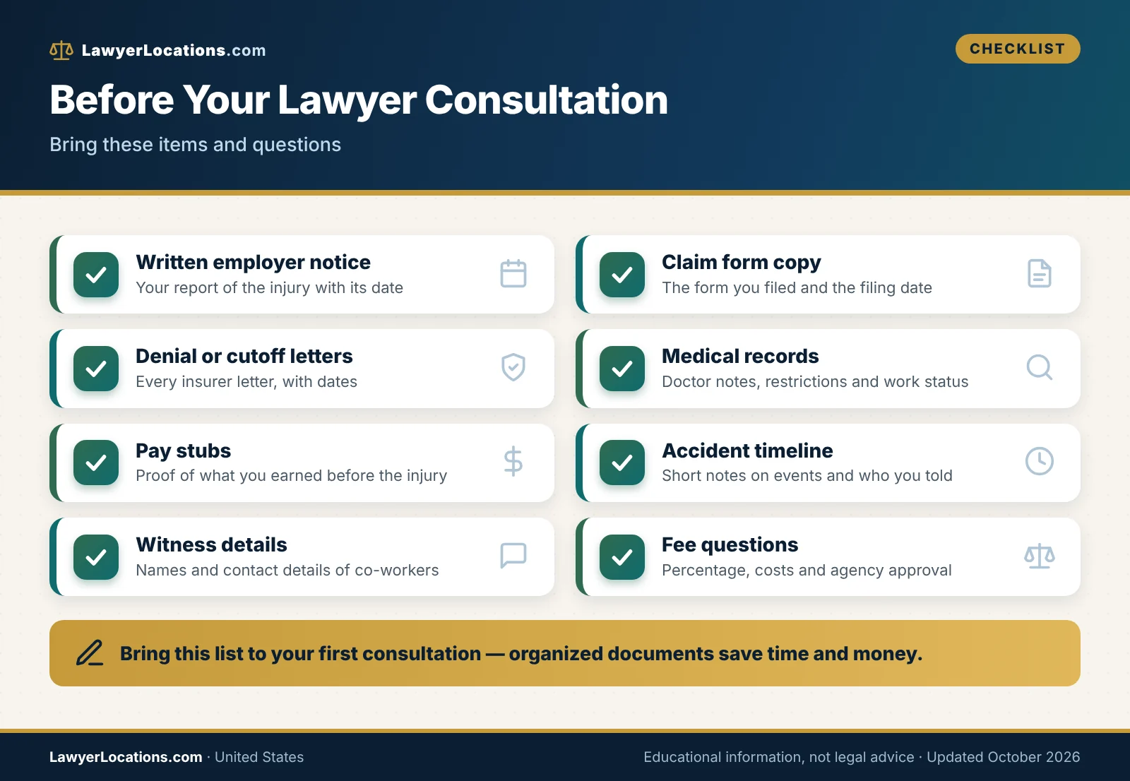 Checklist of documents and questions to prepare before a first consultation with a workers' compensation attorney