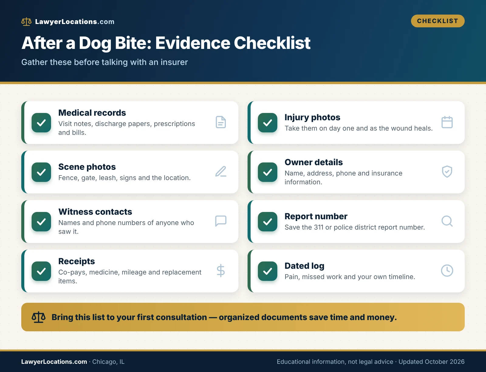 Checklist of evidence to collect after a dog bite in Chicago, including photos, medical records, owner details and the 311 report number.