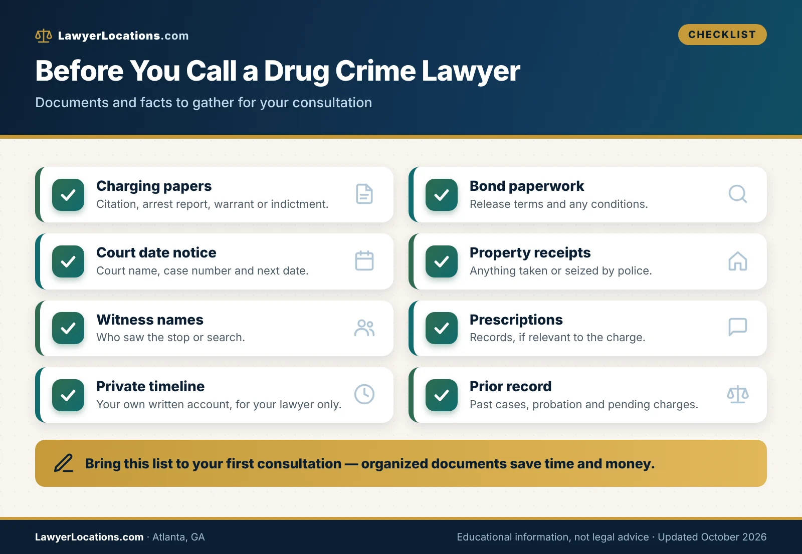Finding the Right Drug Crime Lawyer in Atlanta, GA: What Clients Should Know 3 Checklist of documents to bring to a drug crime lawyer consultation in Atlanta, including charging papers, bond terms, court dates and a private timeline.