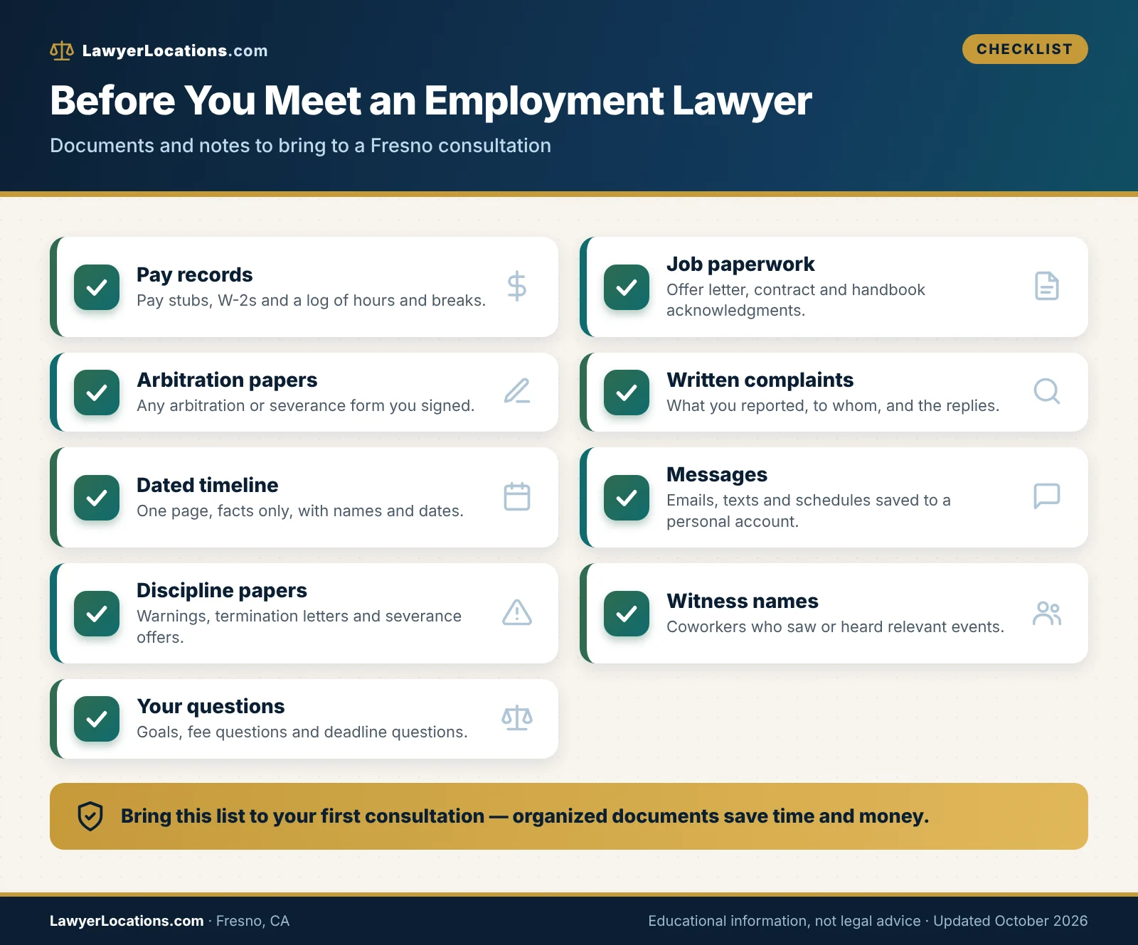 Checklist of documents to bring to an employment lawyer in Fresno, including pay stubs, contracts, written complaints and a dated timeline.