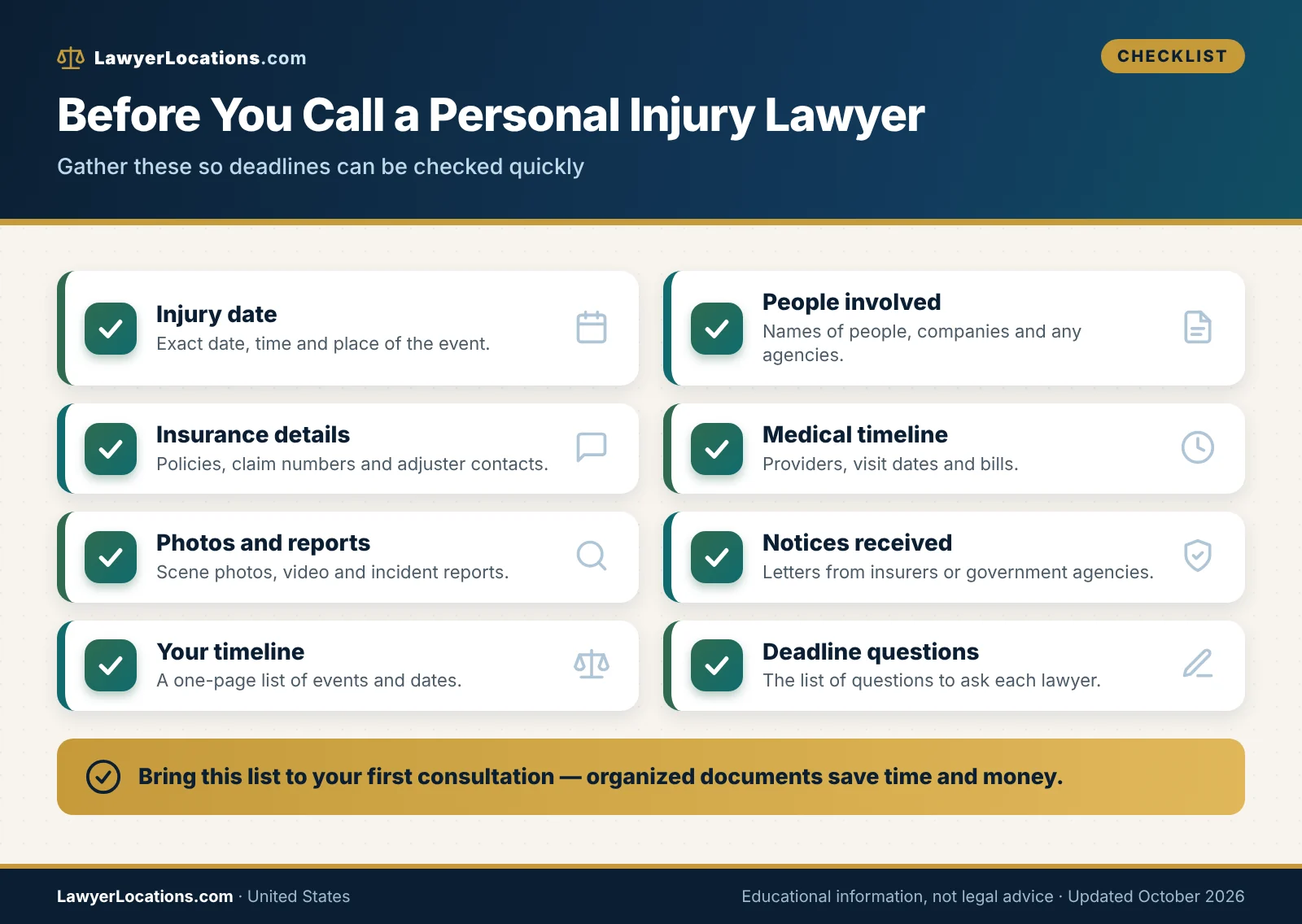 Checklist of documents and dates to gather before a personal injury lawyer consultation, including the injury date, insurance details and medical timeline.
