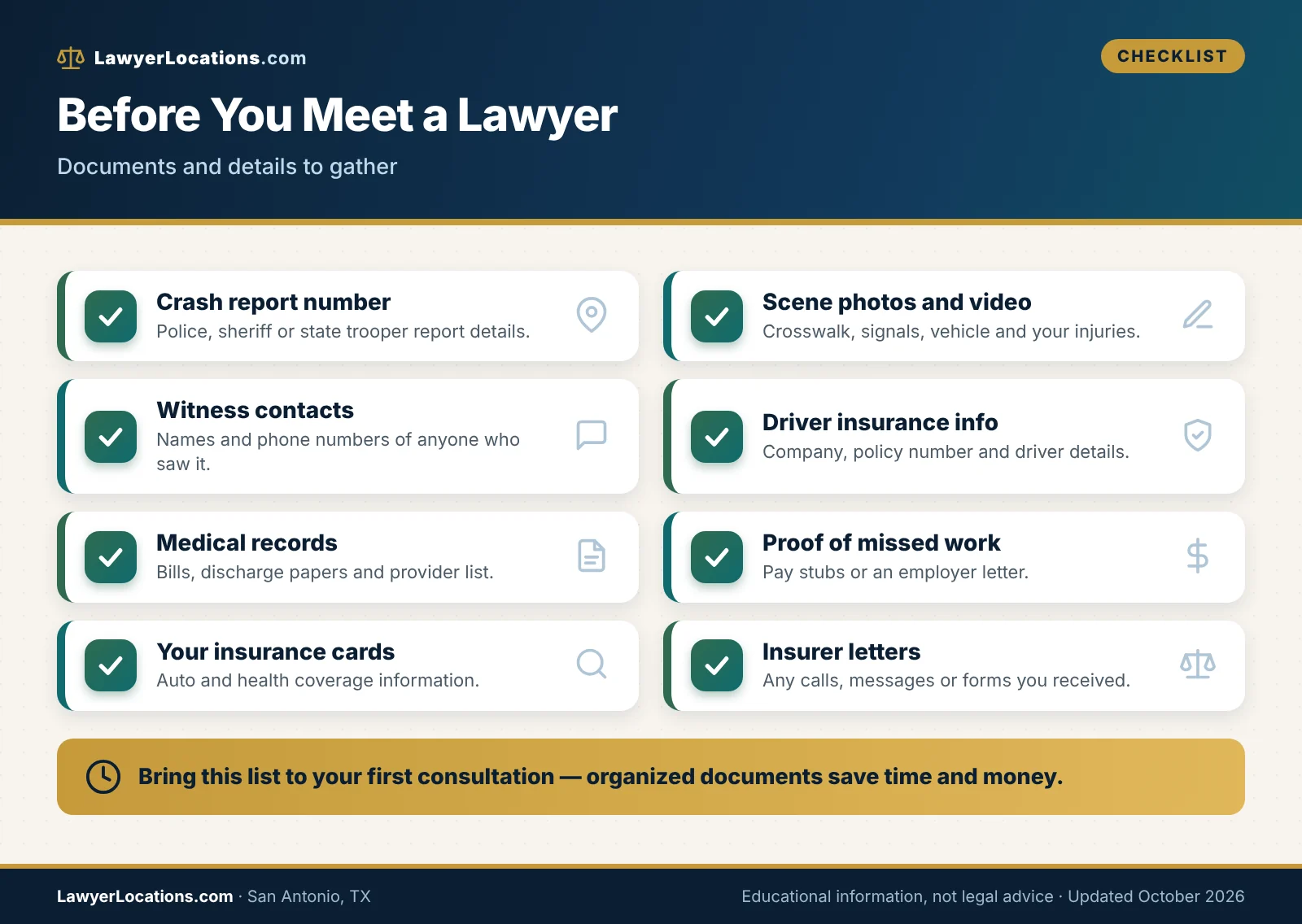 Checklist of documents and evidence to bring to a consultation with a pedestrian accident lawyer in San Antonio, TX.
