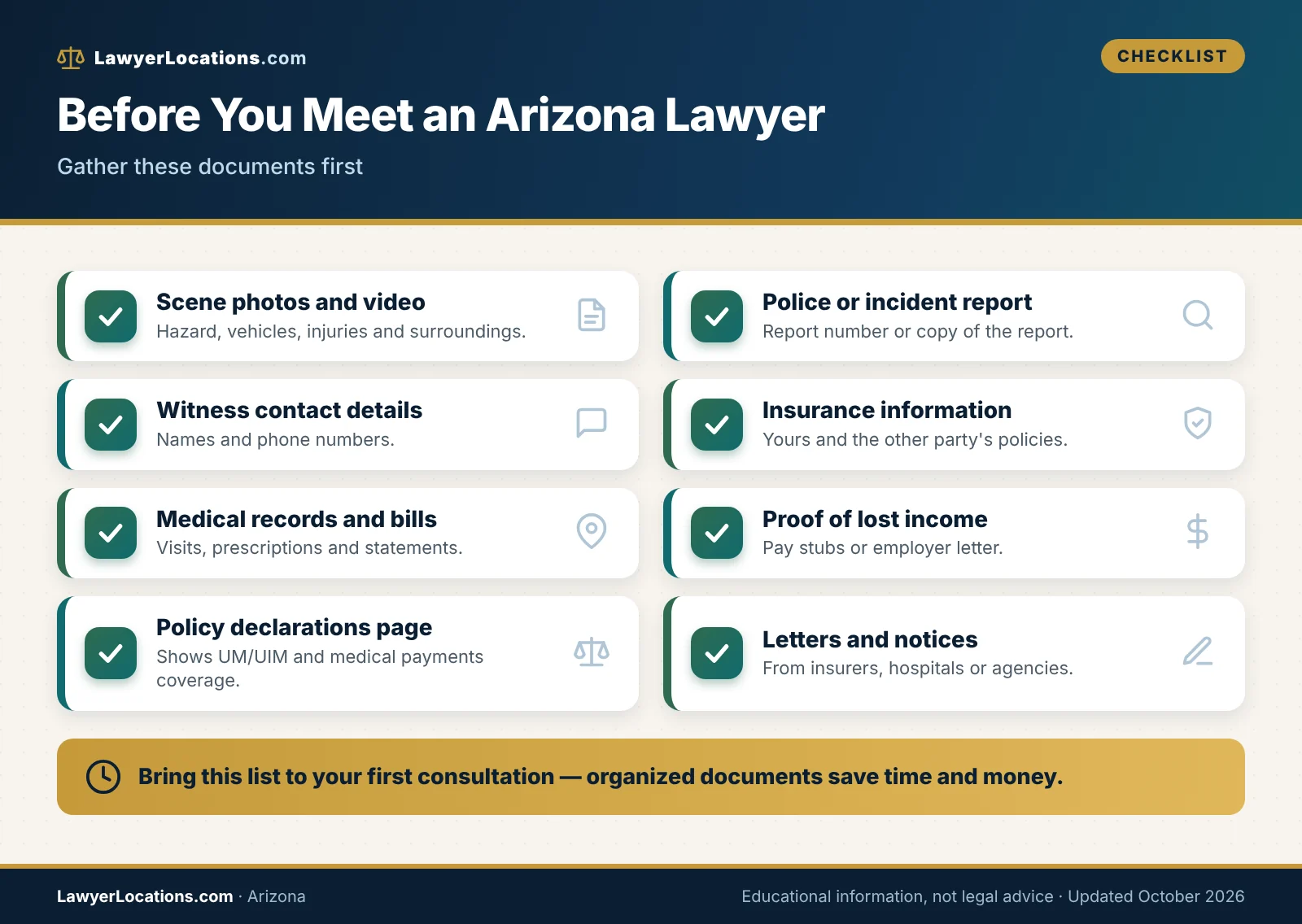Checklist of evidence and documents to gather before meeting an Arizona personal injury lawyer, from scene photos to medical bills.