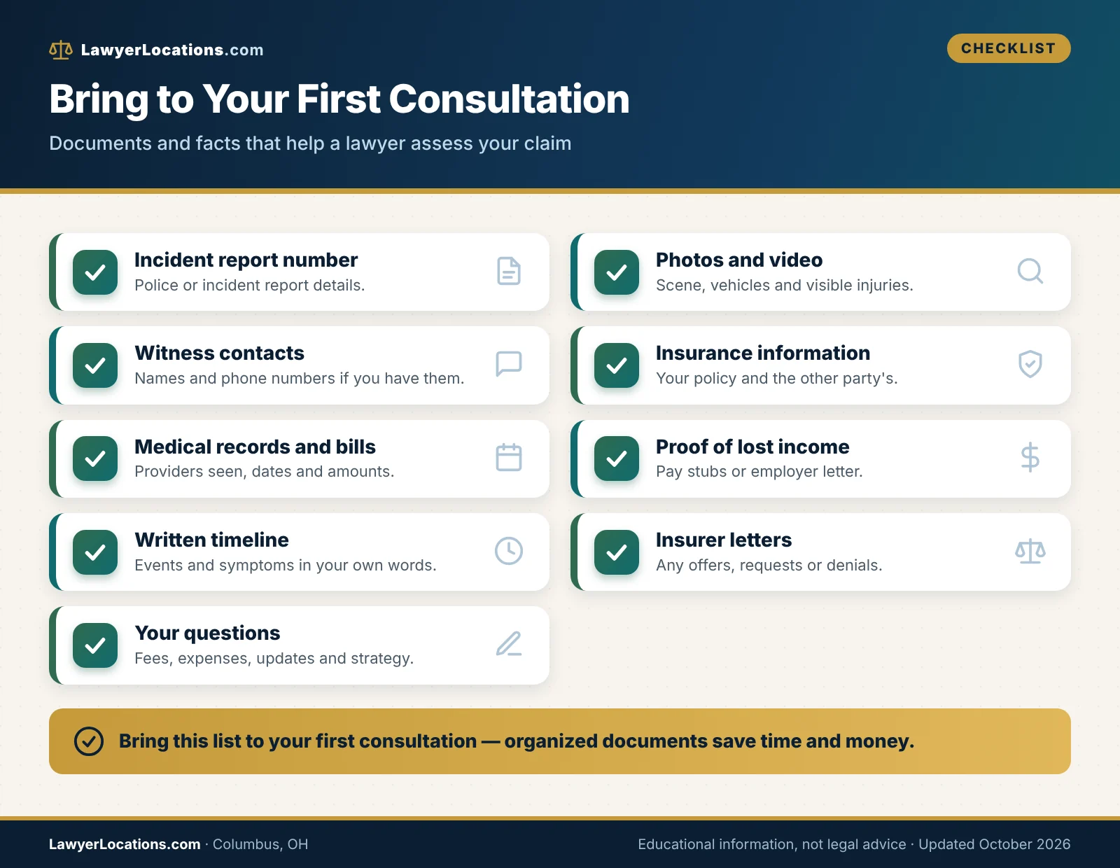 How to Find a Personal Injury Lawyer in Columbus, OH: A Practical Hiring Guide 3 Checklist of documents and facts to bring to a first meeting with a personal injury lawyer in Columbus, OH