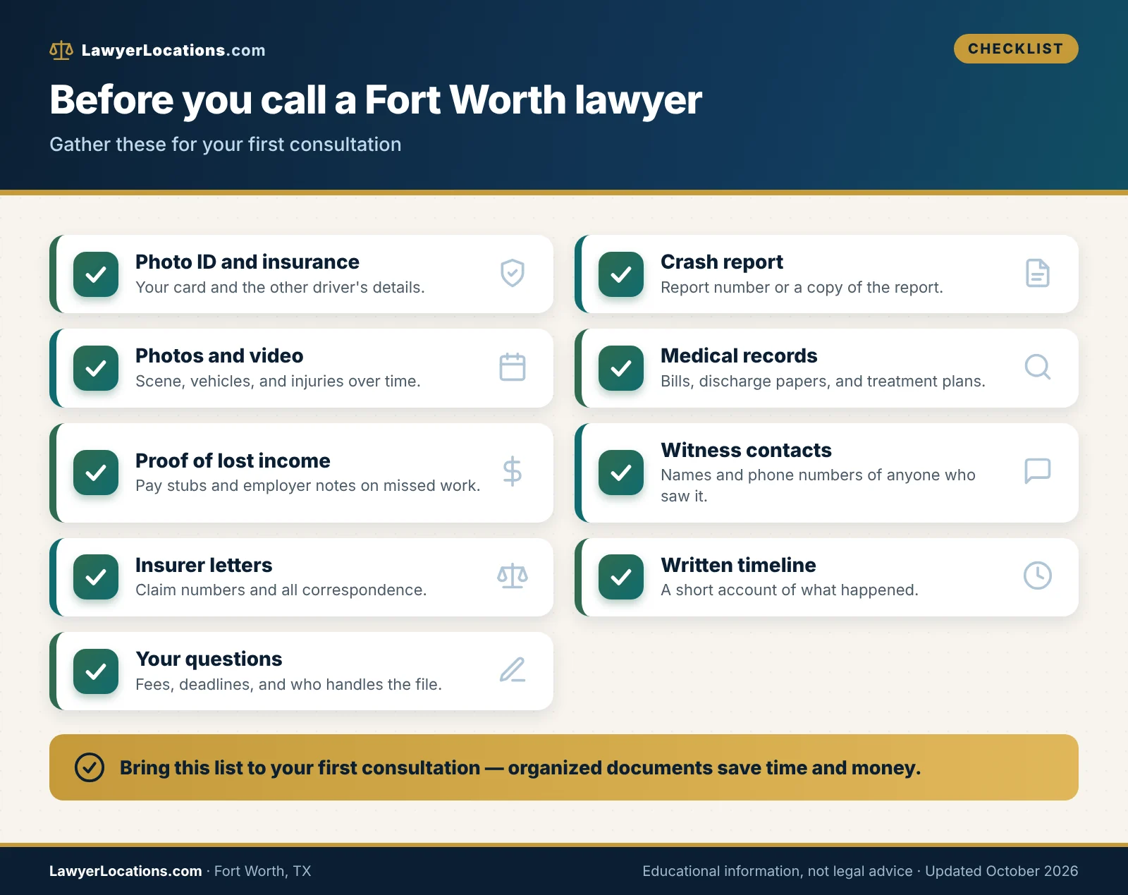 Checklist of documents and evidence to gather before meeting a personal injury lawyer in Fort Worth, TX.