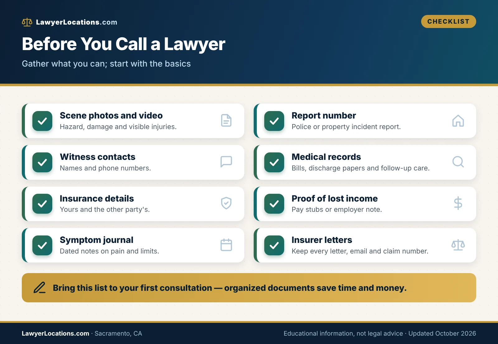 Checklist of documents and evidence to gather before meeting a personal injury lawyer in Sacramento, CA.