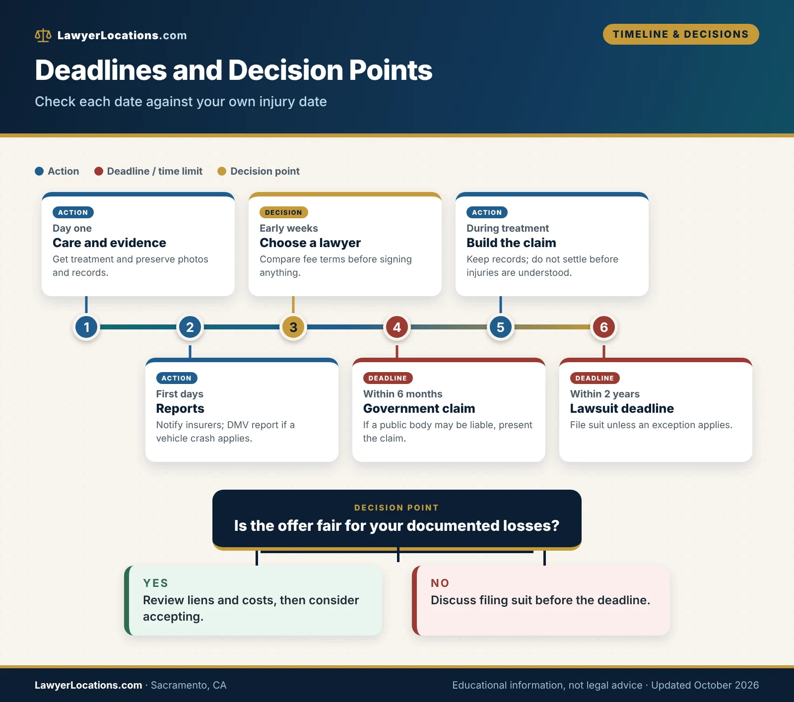 Timeline of deadlines and decision points for a Sacramento, CA injury claim, including the government claim window and lawsuit deadline.