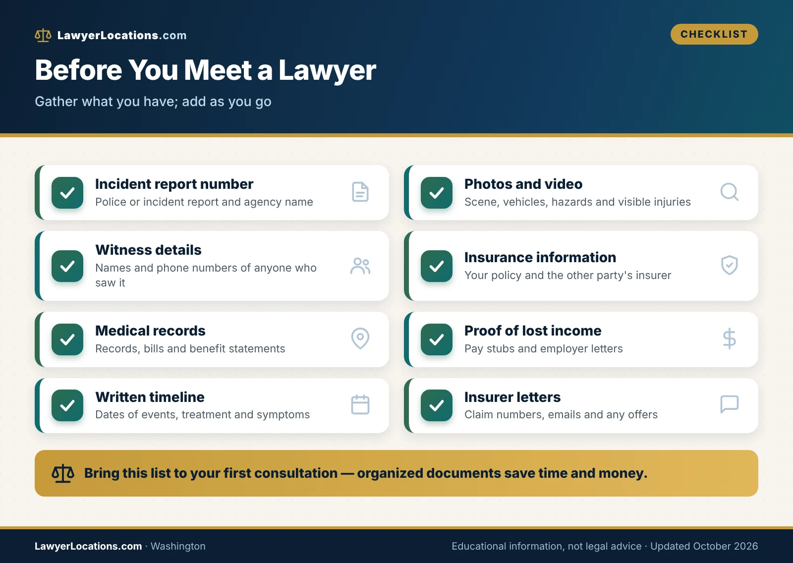 Checklist of documents to gather before meeting a personal injury lawyer in Washington