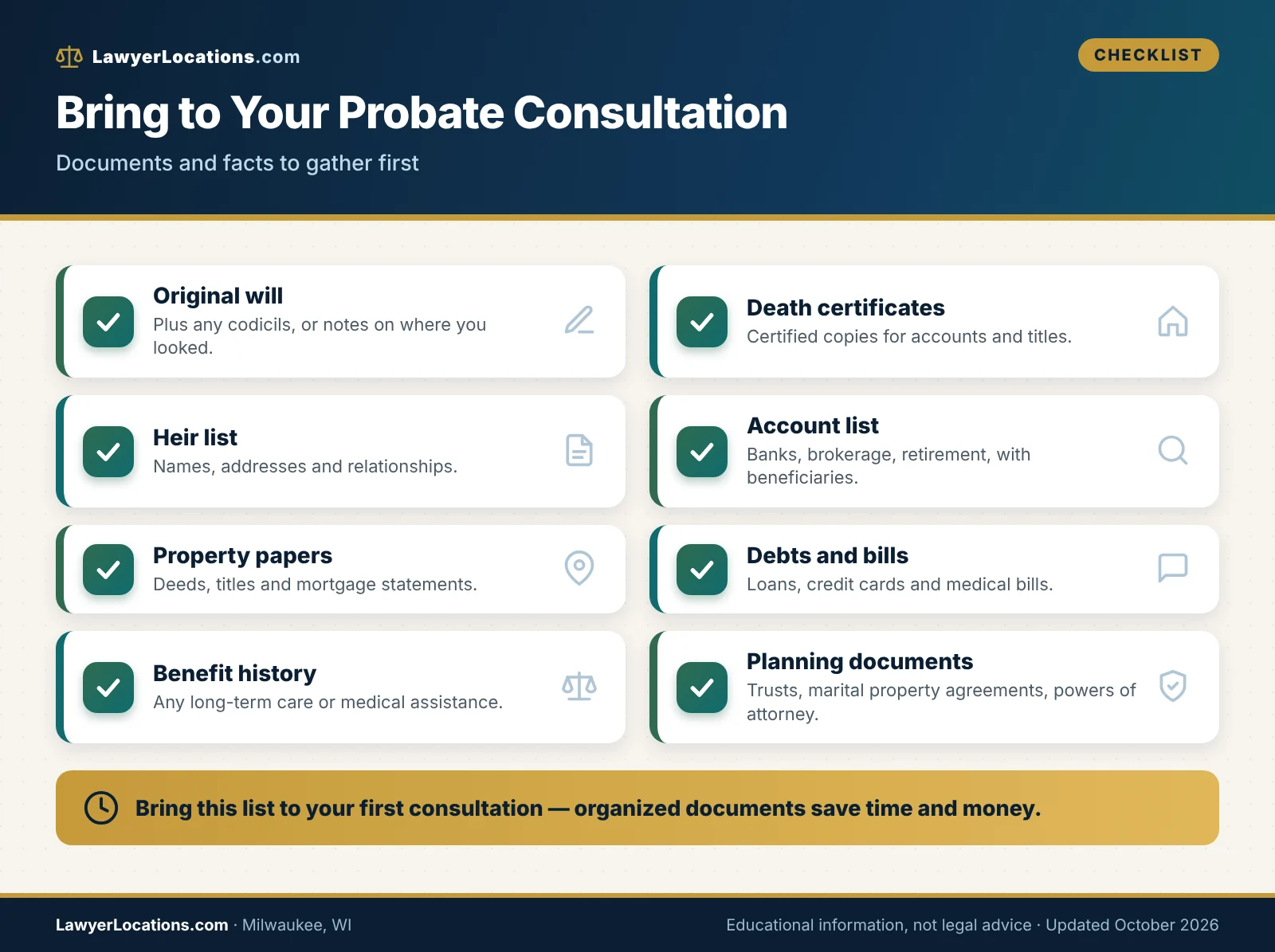 Checklist of documents to gather for a Milwaukee probate consultation, including the original will, death certificate, asset list and heir list.