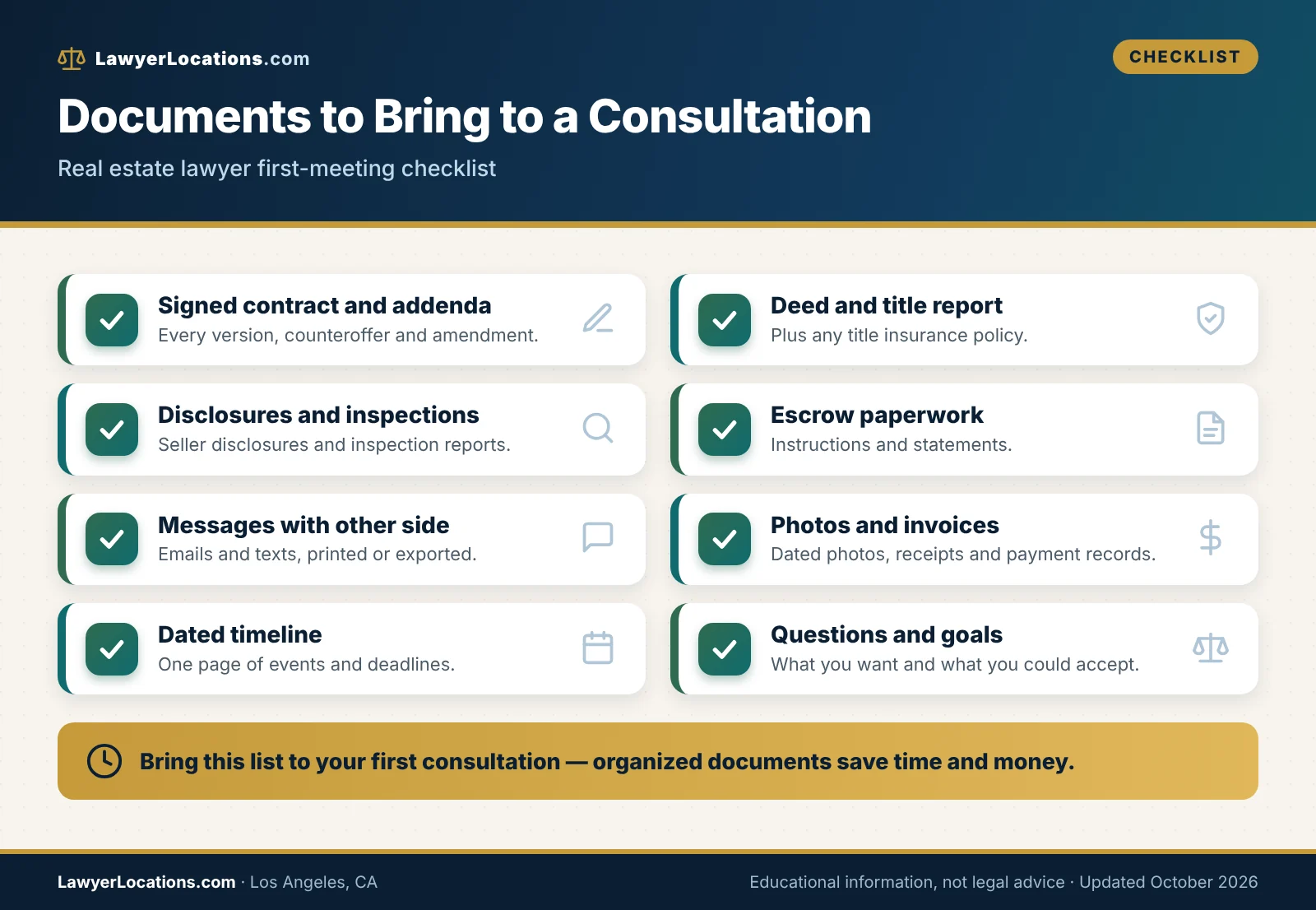 Los Angeles, CA Real Estate Lawyer Guide: Fees, Consultations & What to Ask 4 Checklist of documents to bring to a real estate lawyer consultation in Los Angeles, including contracts, title records and a timeline.