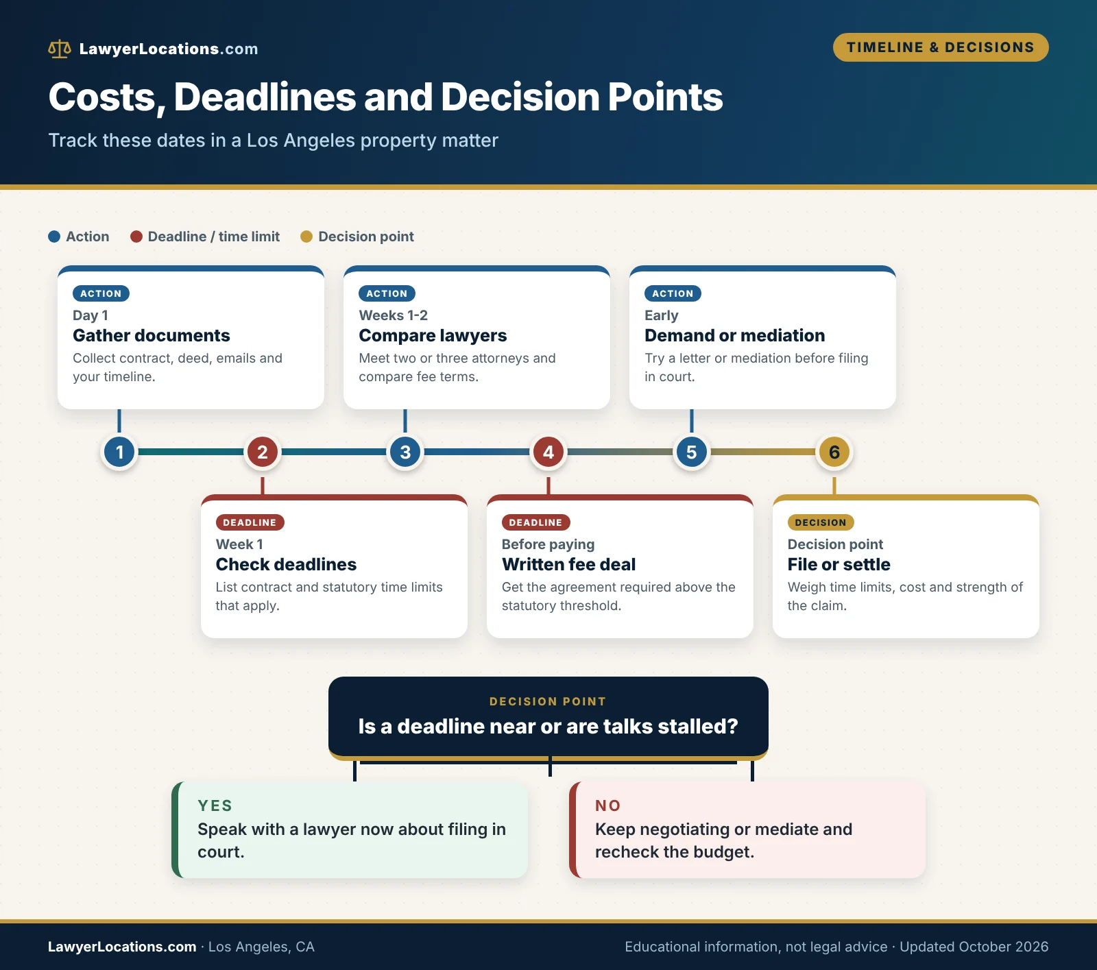 Los Angeles, CA Real Estate Lawyer Guide: Fees, Consultations & What to Ask 3 Timeline of costs, deadlines and decision points for a Los Angeles real estate legal matter, from gathering documents to filing or settling.