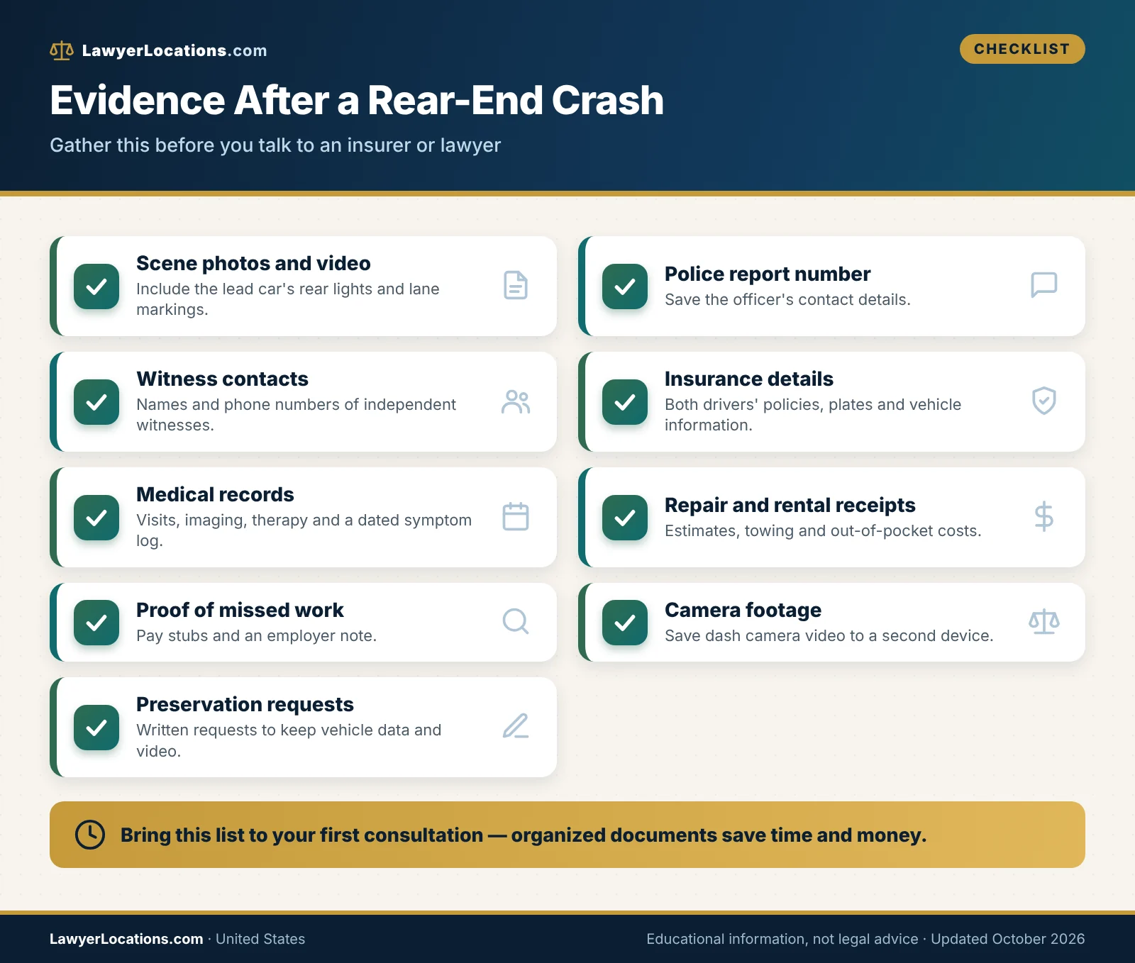 Checklist of evidence to collect after a rear-end collision, including photos, police report, witnesses, medical records and vehicle data.