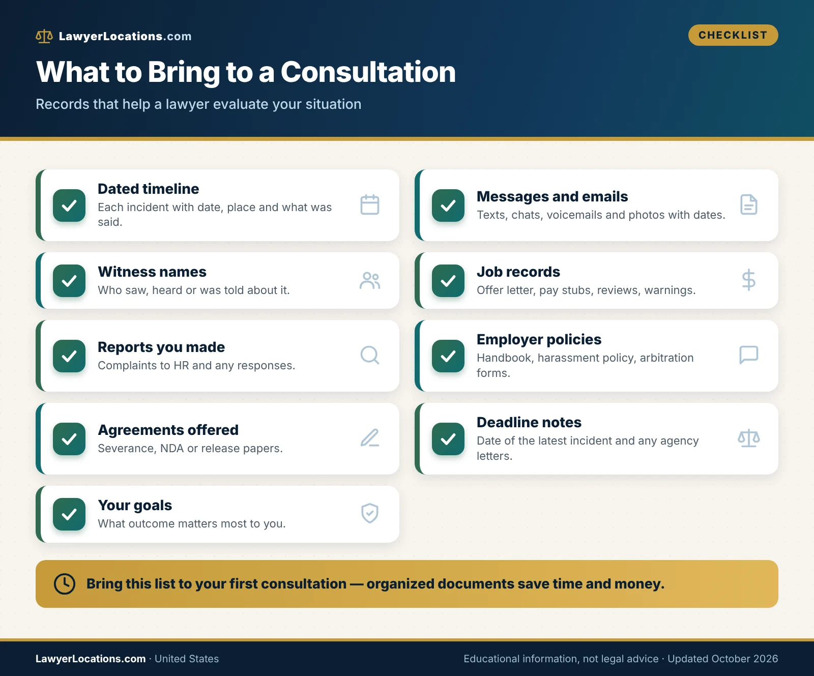 Checklist of documents and records to gather before speaking with a sexual harassment lawyer, including a dated timeline, messages, witnesses and work records.