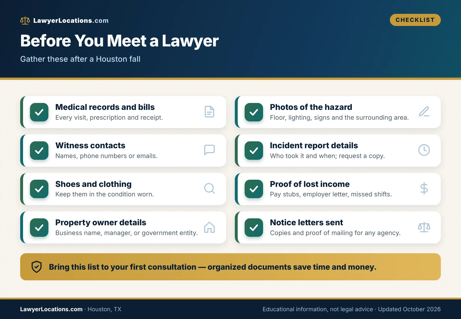 Checklist of evidence and records to gather after a slip and fall in Houston, TX before meeting a lawyer