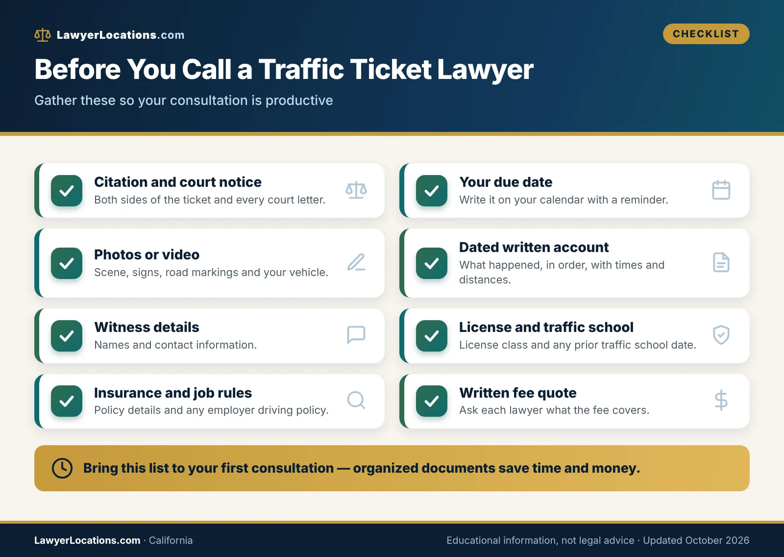 Checklist of documents and evidence to gather before consulting a California traffic ticket lawyer
