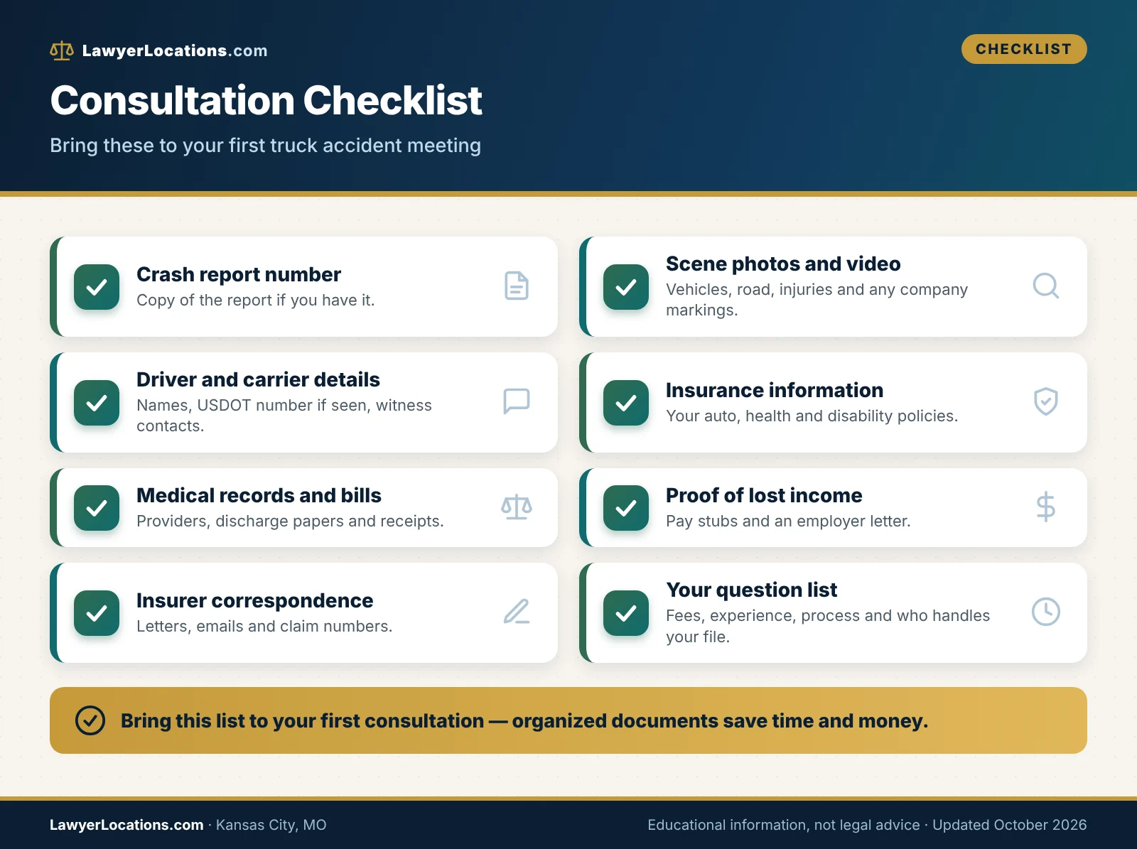 Checklist of documents and details to bring to a consultation with a truck accident lawyer in Kansas City, MO.