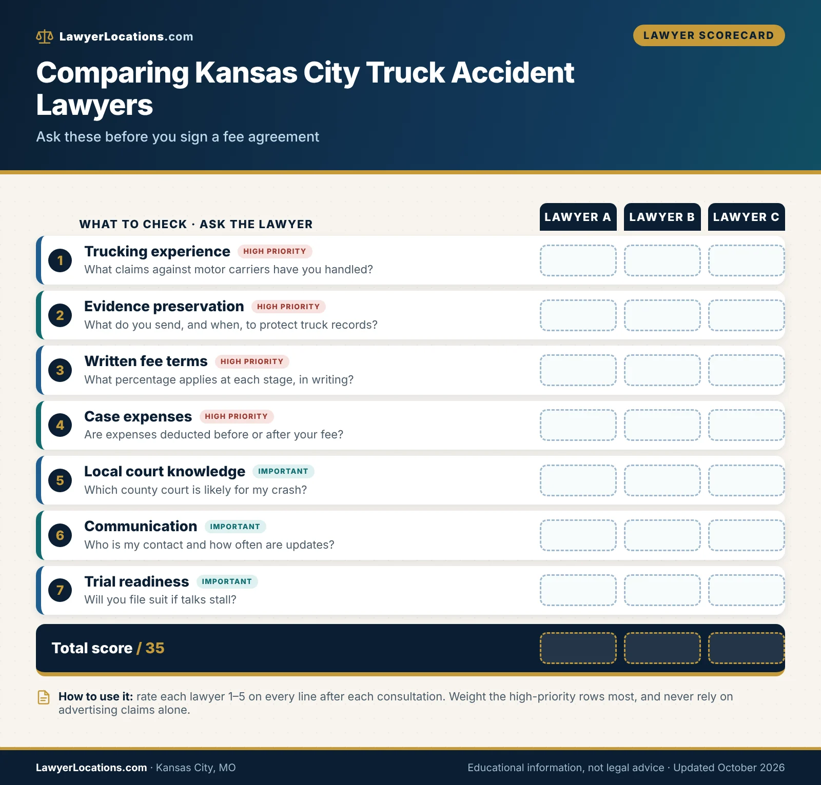 Scorecard of questions for comparing truck accident lawyers in Kansas City, MO, including fees, trucking experience and communication.