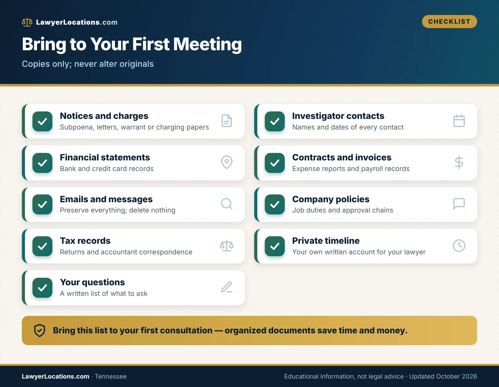 Checklist of documents and questions to bring to a first meeting with a Tennessee white collar crime lawyer