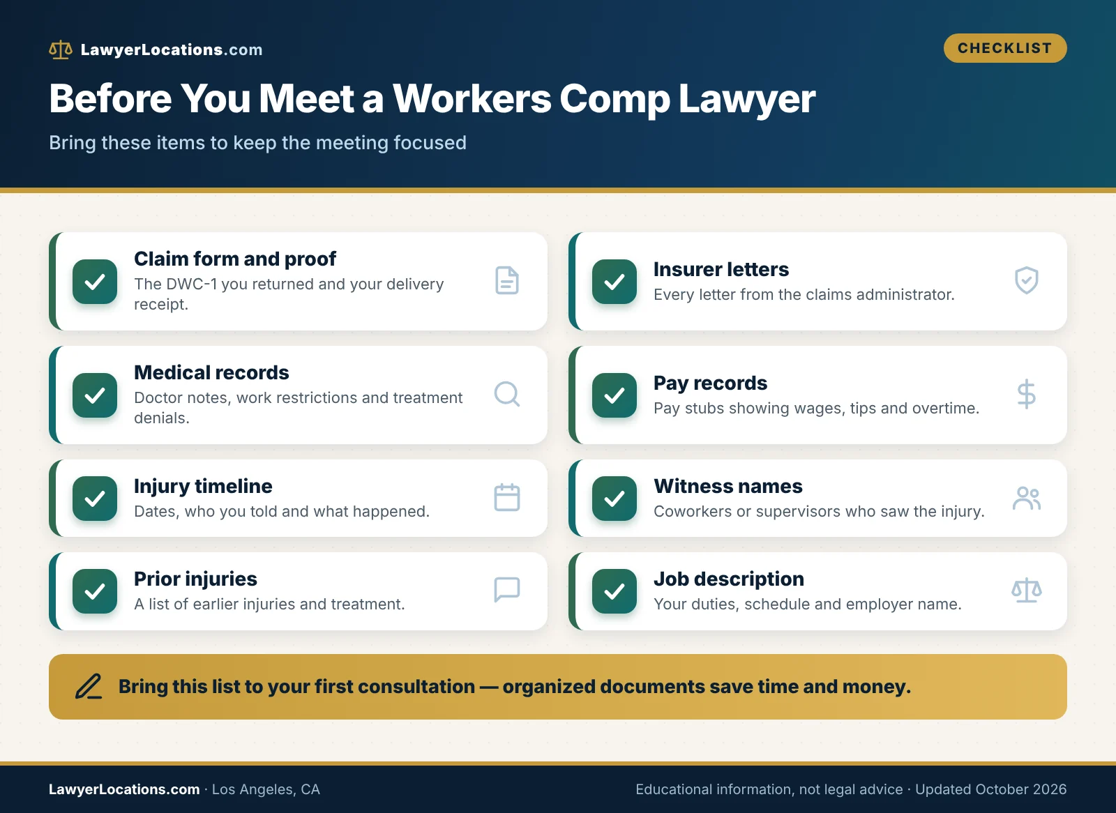 Checklist of documents to gather before meeting a Los Angeles workers comp lawyer, including claim form, medical records, pay stubs and an injury timeline.