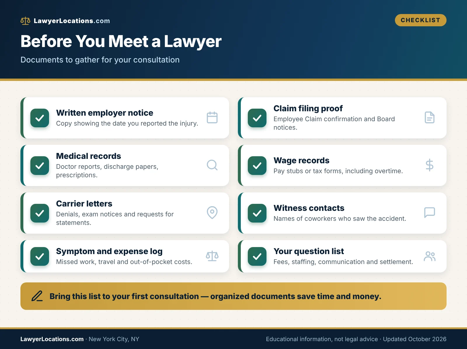 Checklist of documents to gather before meeting a workers compensation attorney in New York City, from notice letters to medical records.